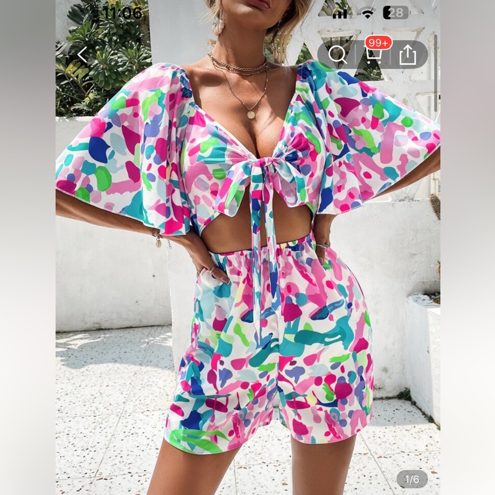 SHEIN Pink and Blue Floral Jumpsuit with Elastic Fit